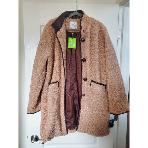 Sam Edelman NWT Camel Brown Long Soft Teddy Coat Faux Leather Accents Women's XL - Picture 14 of 16
